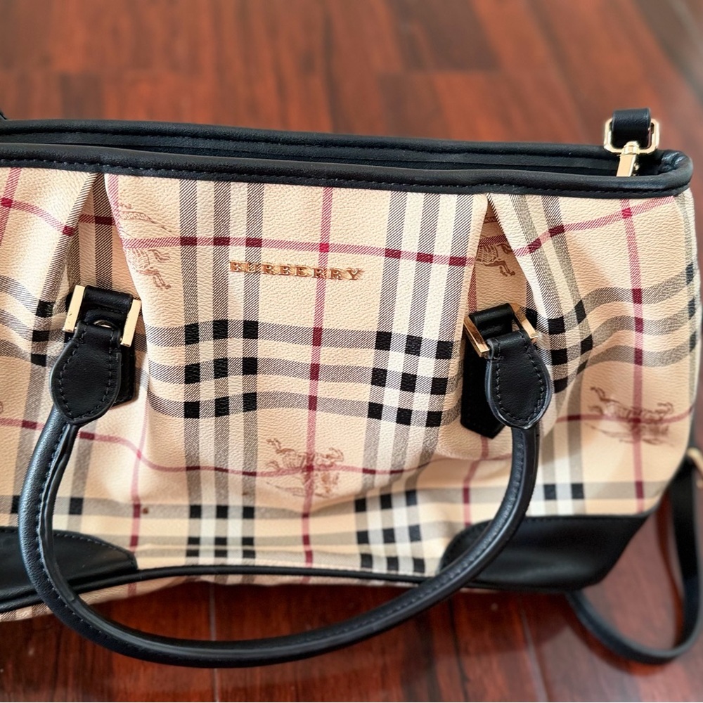 Burberry Beige Plaid Tote with Black Trim and Gold Logo